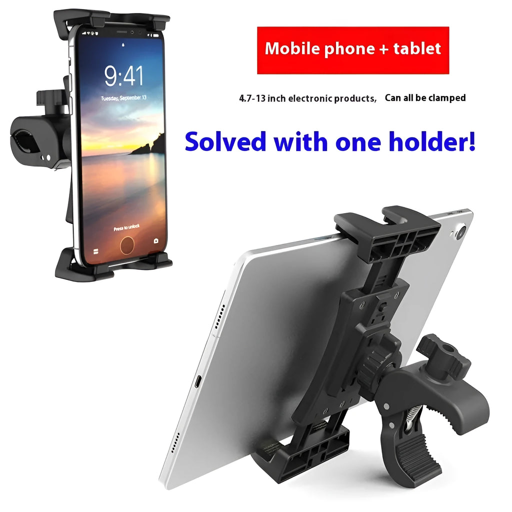 Universal bicycle handlebar spinning bracket in black ABS material for mobile phones and tablets