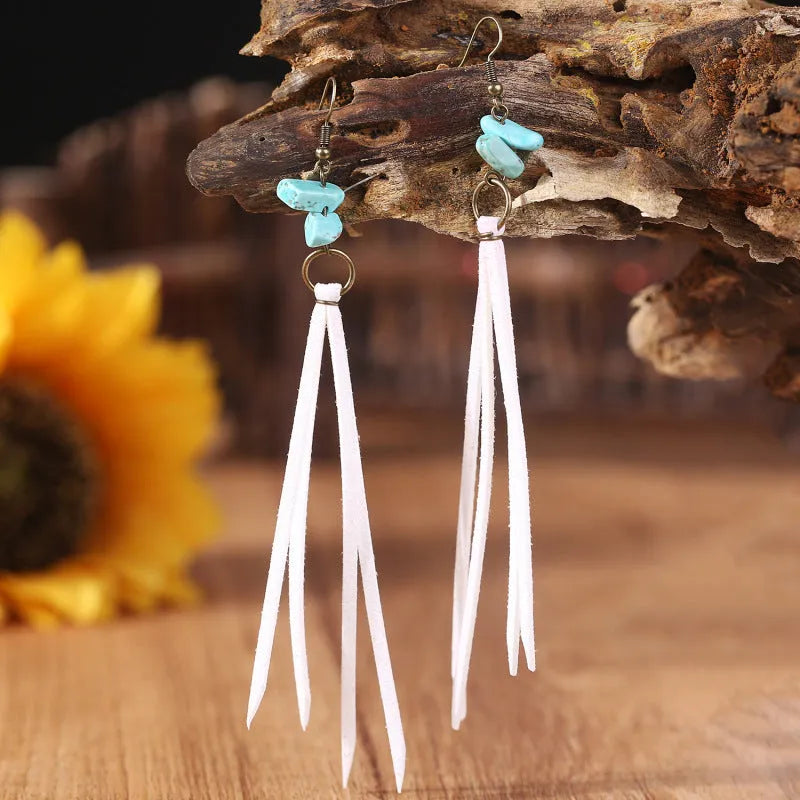 Retro long turquoise leather tassel earrings with geometric shape for women