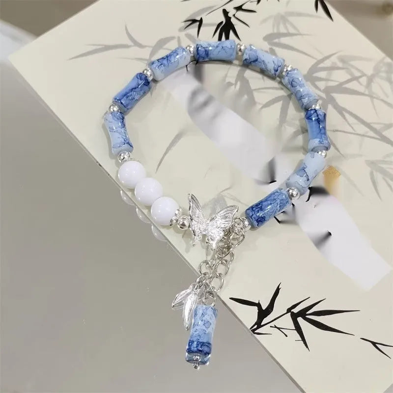 Chinese style bamboo leaf glass bracelet for women with manual craftsmanship.