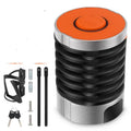 Portable bicycle folding lock in black orange colour showing folded compact design