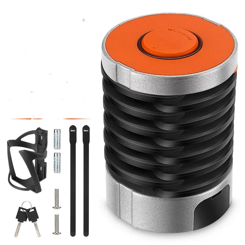 Portable bicycle folding lock in black orange colour showing folded compact design