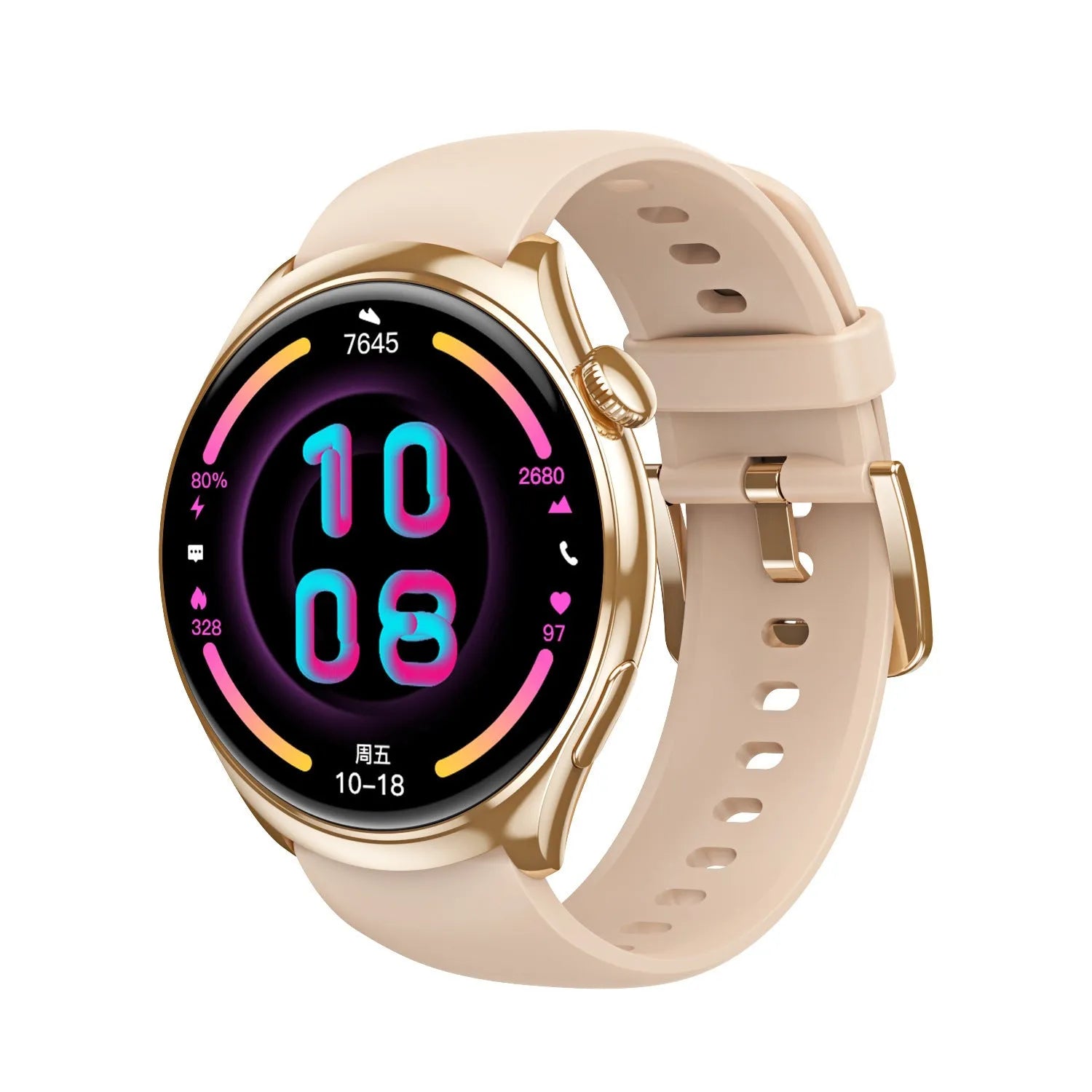 Smart watch with AMOLED screen, heart rate sensor, black silicone band, and wireless charging base