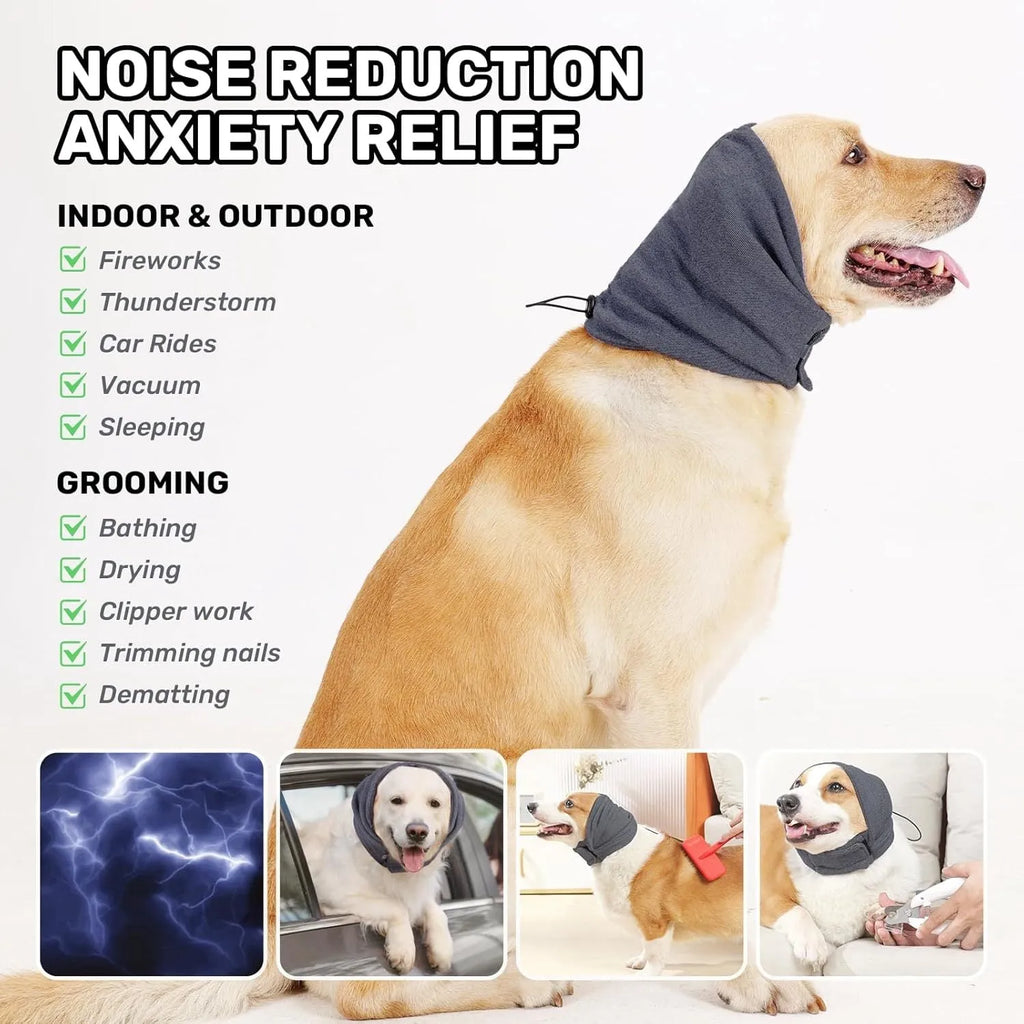 Dog calming hoodie with adjustable ear wraps for noise protection and anxiety relief, gray, size M