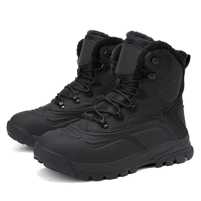 Men's black high-top lace-up boots with fleece lining, shown on a size label ranging from 39 to 48.