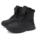 Men's black high-top lace-up boots with fleece lining, shown on a size label ranging from 39 to 48.