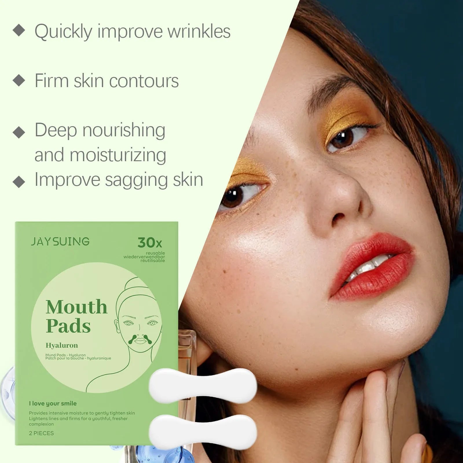 Two facial skincare patches with hyaluronic acid and collagen formula for firming treatment