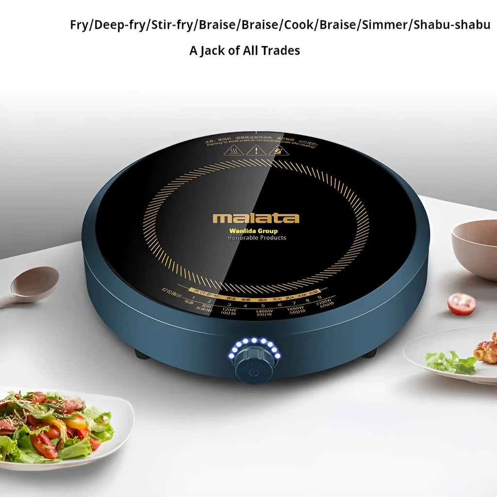 Induction cooker with circular cooking surface and knob control