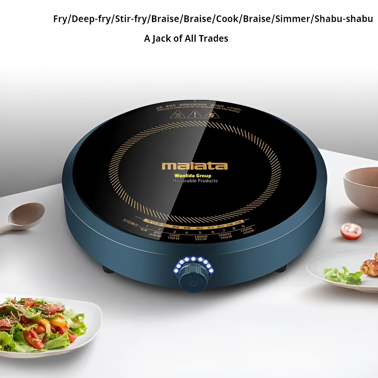 Induction cooker with circular cooking surface and knob control