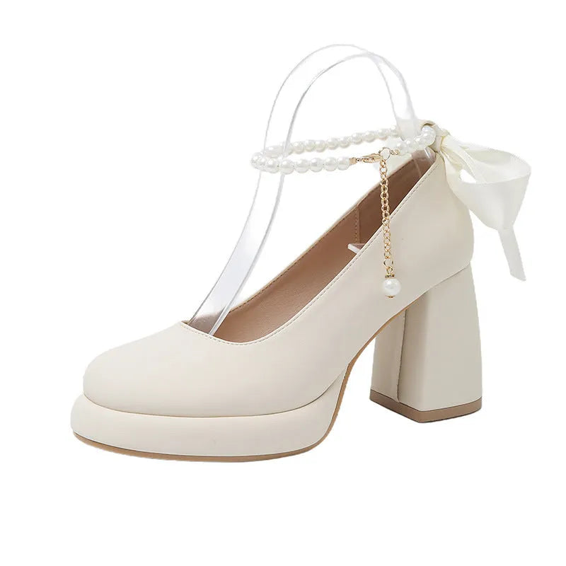 Women's beige preppy style Mary Jane shoes with chunky heel and ankle strap buckle