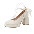 Women's beige preppy style Mary Jane shoes with chunky heel and ankle strap buckle
