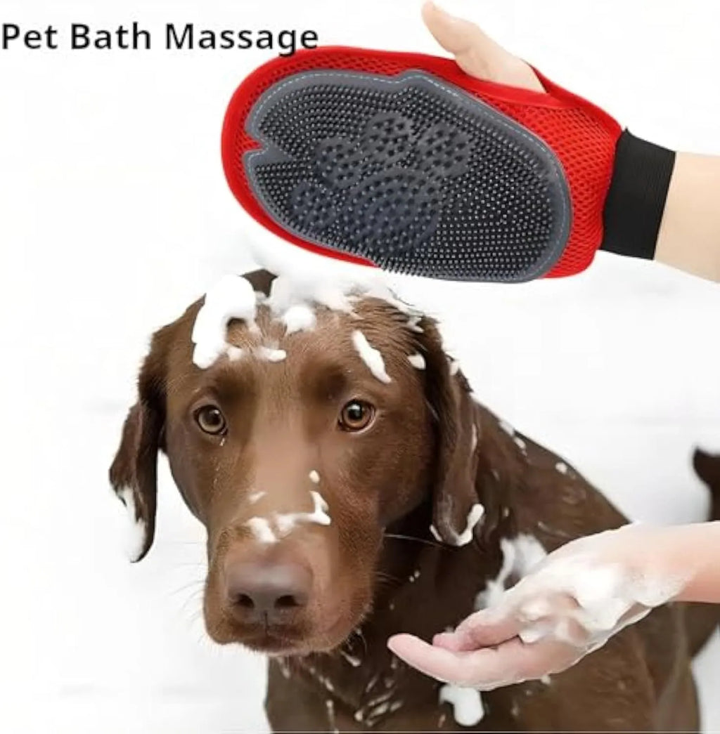 Red pet bathing glove with integrated cleaning brush for washing and grooming dogs or cats.
