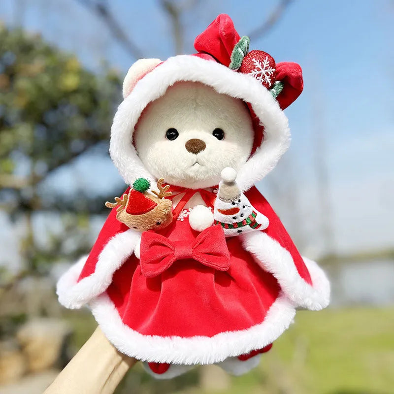 30cm Momo bear plush doll wearing a red plaid dress Christmas costume set with cloak