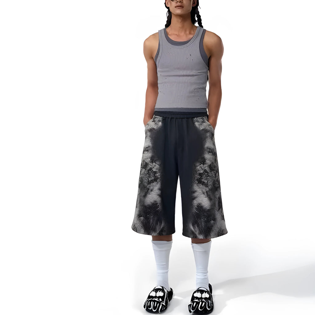 Women's printed loose-fit co-ord set showing hoodie, trousers, and seven-inch shorts together
