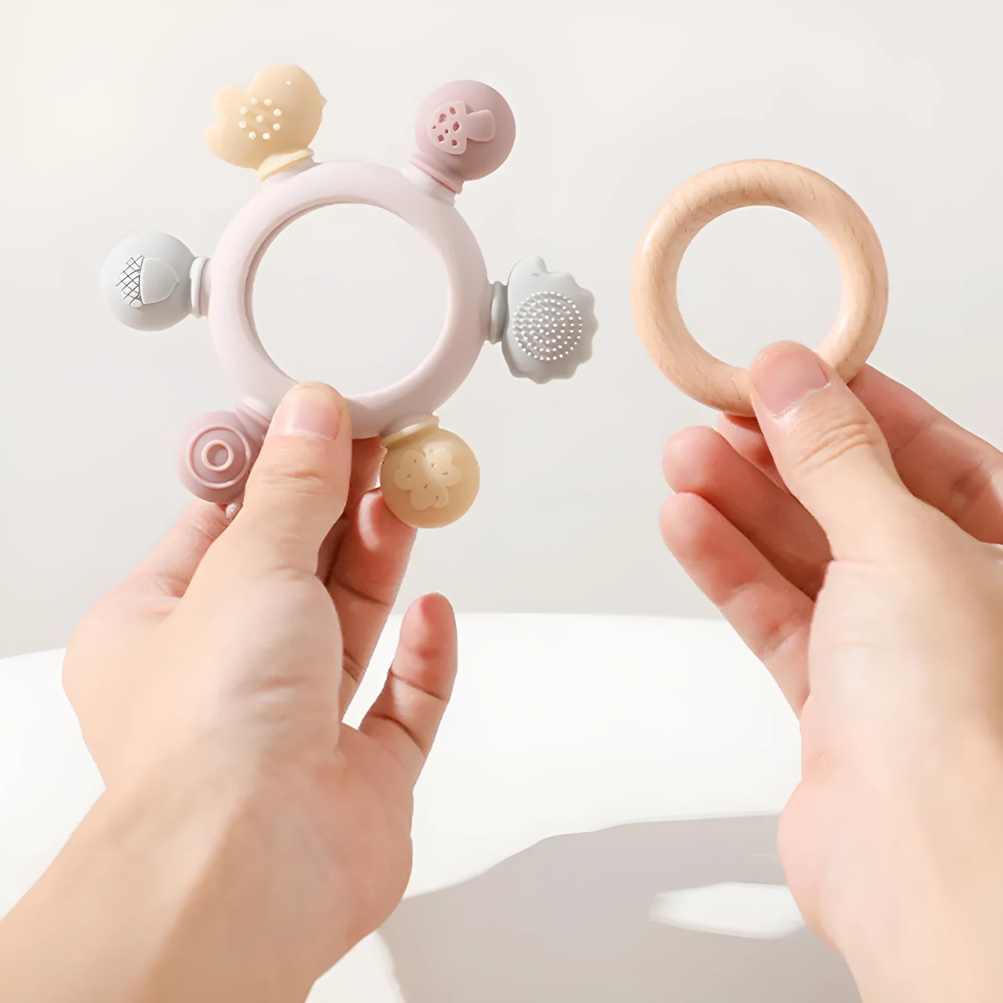 Silicone forest-themed baby teether molar stick toy with textured bumps for gum massage