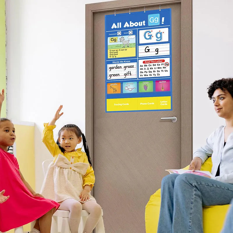 Alphabet learning sleeve table chart with word, letter, and picture cards for toddlers.