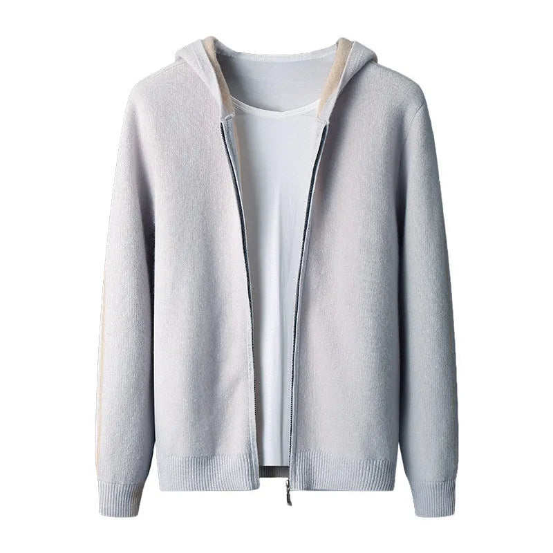 Men's dark blue cashmere zip-front cardigan sweater with half-high collar in loose fit
