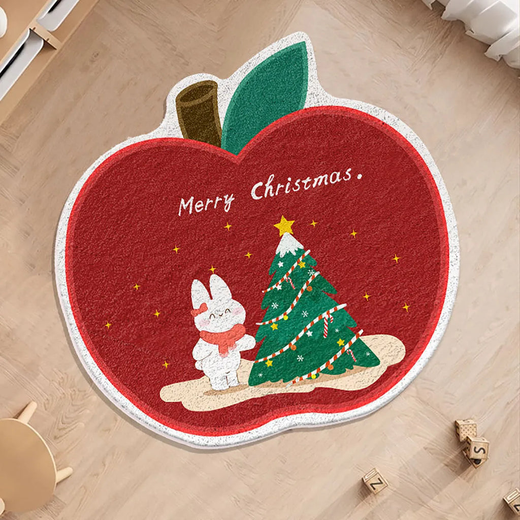 Round green Christmas carpet with alien shape design, soft imitation cashmere material, festive floor mat.