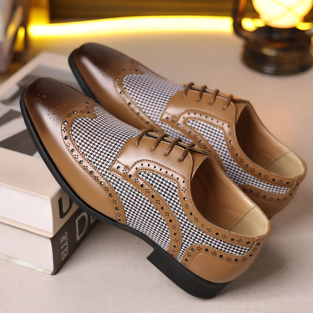 Men's black houndstooth check casual shoes with square toe and lace-up front.