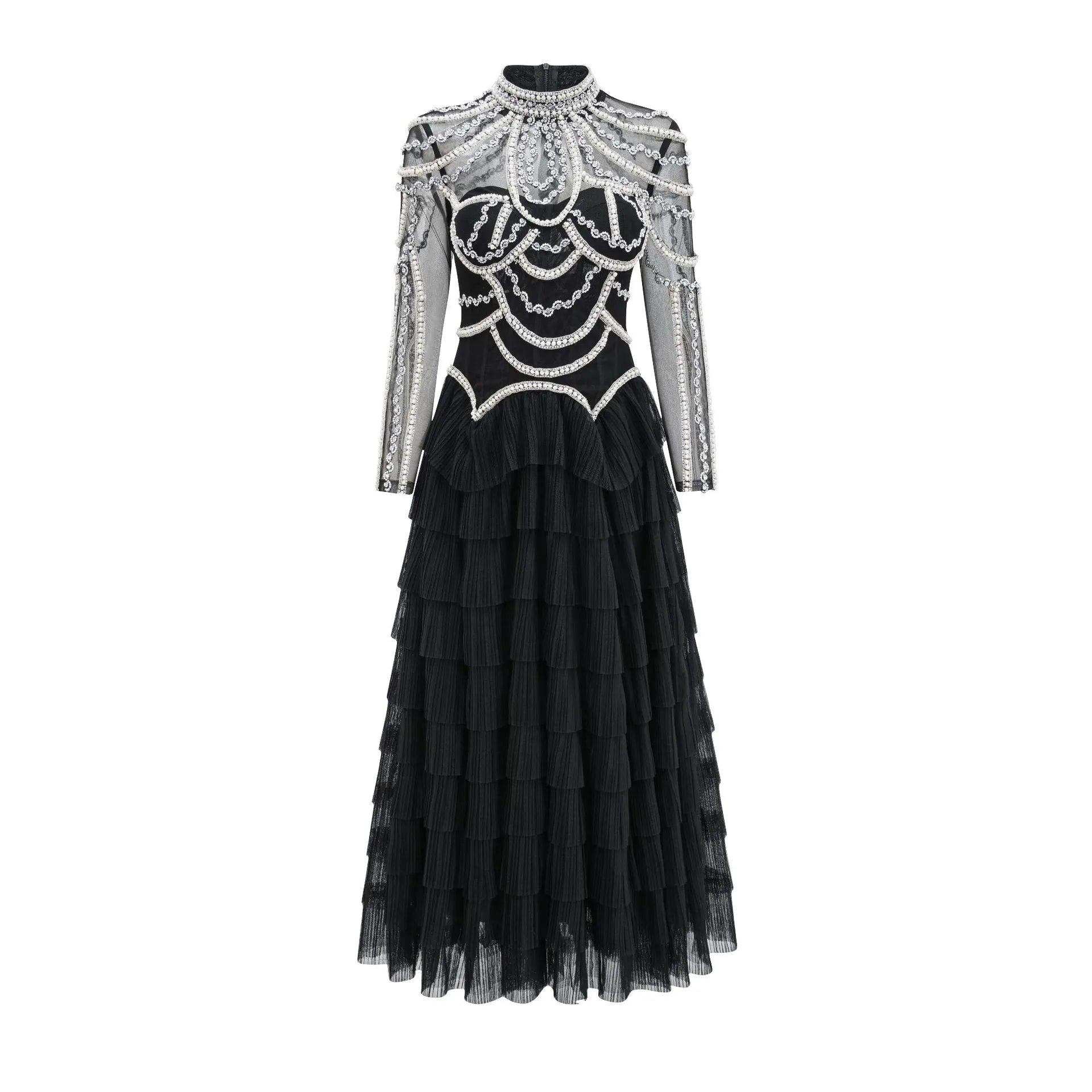 Women's black beaded long sleeve dress with mid-waist design and full-length skirt