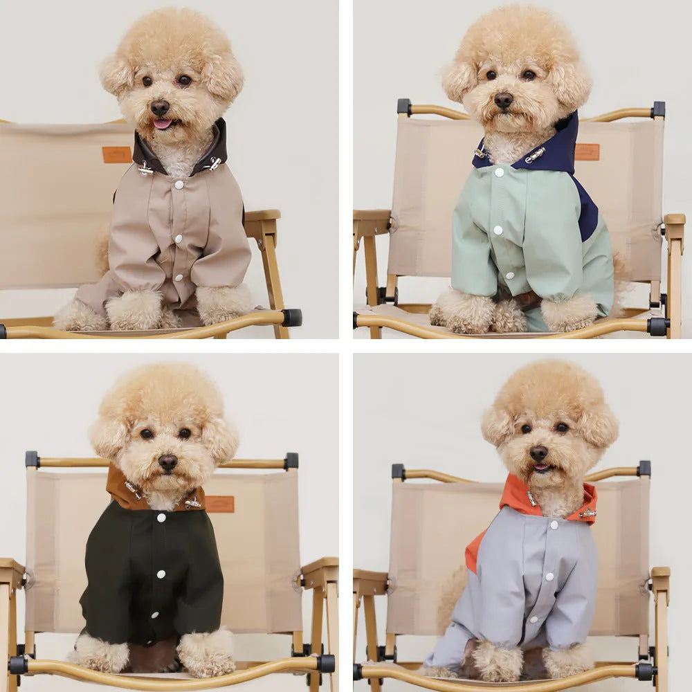 Khaki coloured waterproof dog coat with hood on a small dog, showing full-length front zip.
