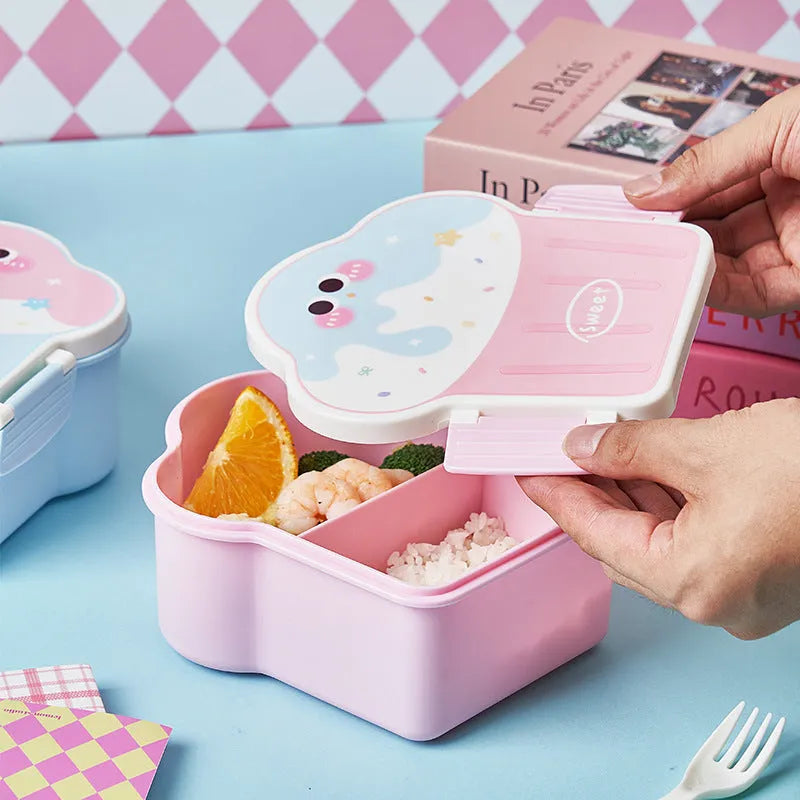 Creative pink and blue ice cream shaped plastic lunch box with compartments and included spoon and fork