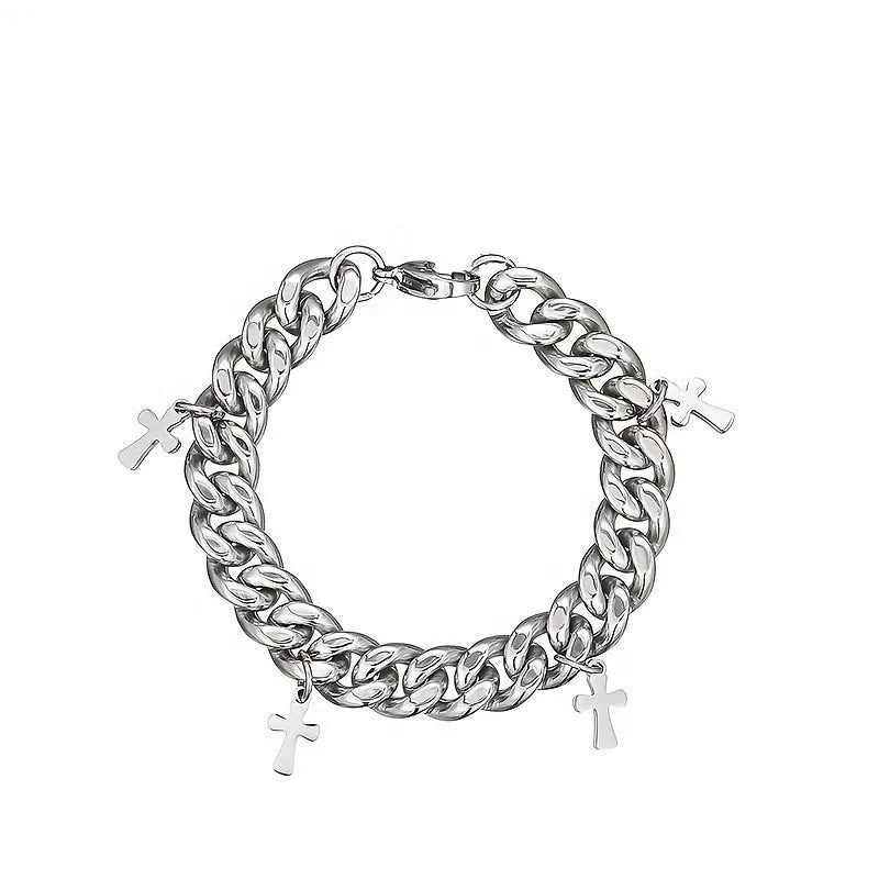Men's titanium steel bracelet with a geometric shape and a central cross pendant.