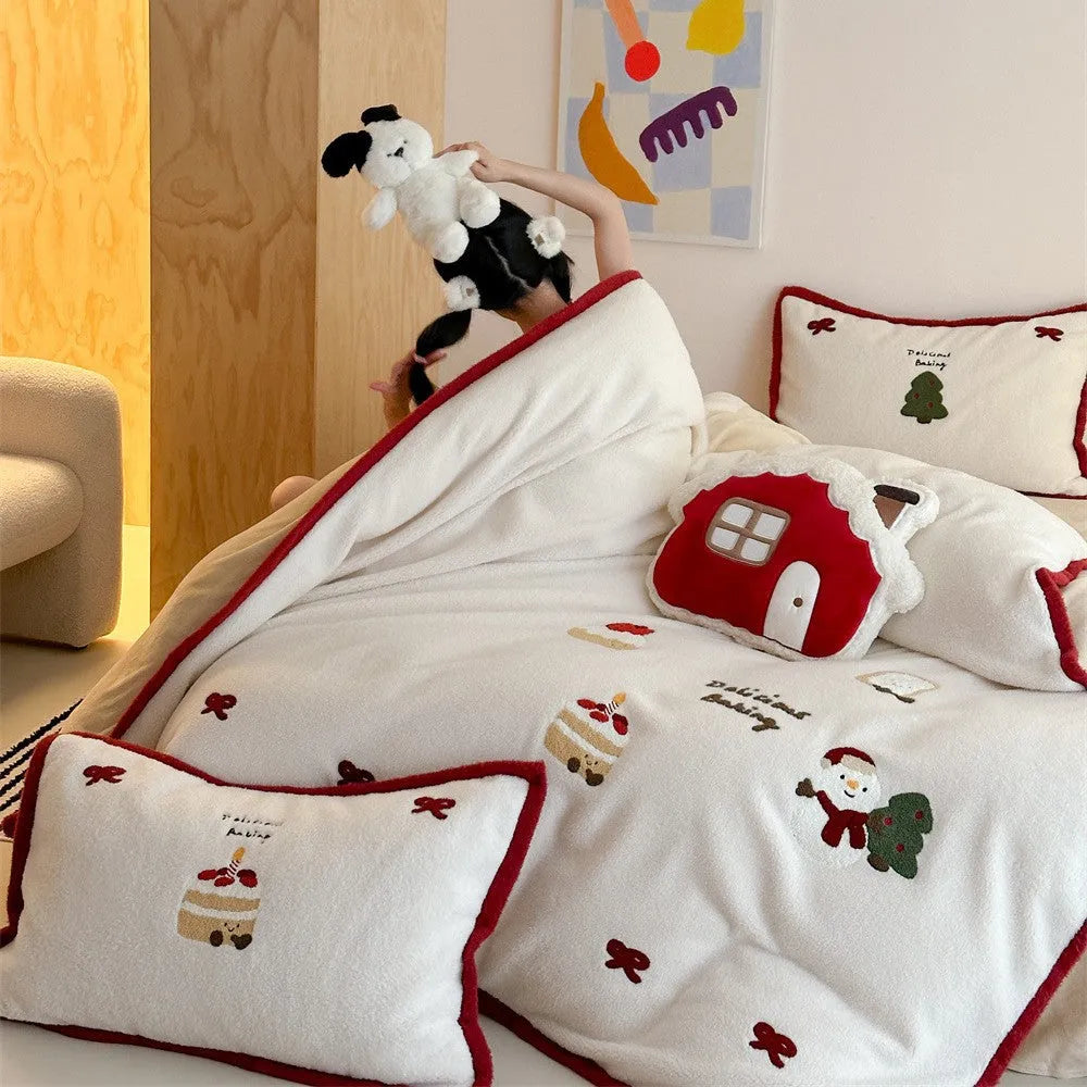 Winter Christmas themed bedding four-piece set with heart cartoon designs on thickened cashmere polyester fabric