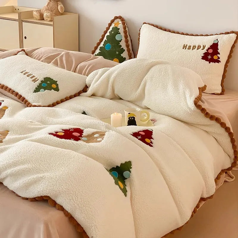 Bright yellow fleece-lined bedding set with embroidered Christmas tree pattern, shown on a double bed.