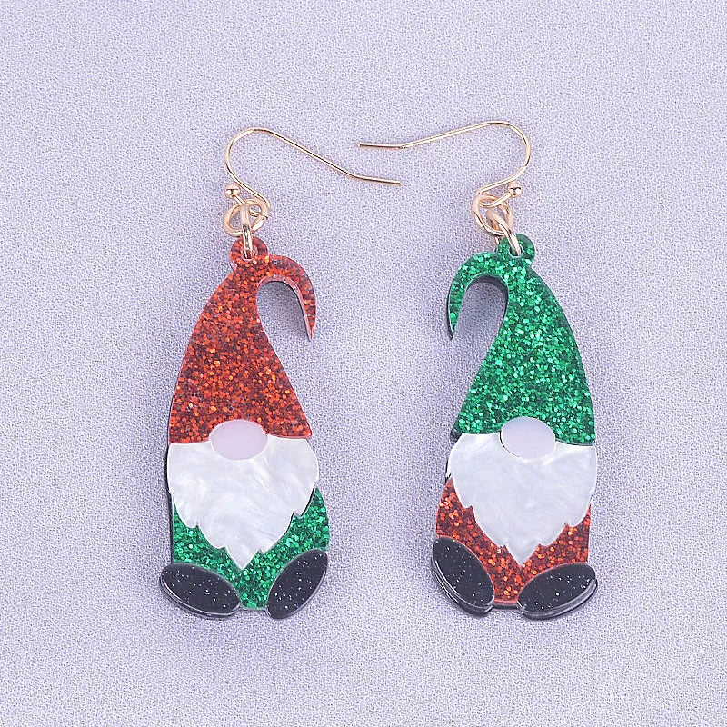 Cartoon-style Santa Claus character earrings made of red and green acrylic