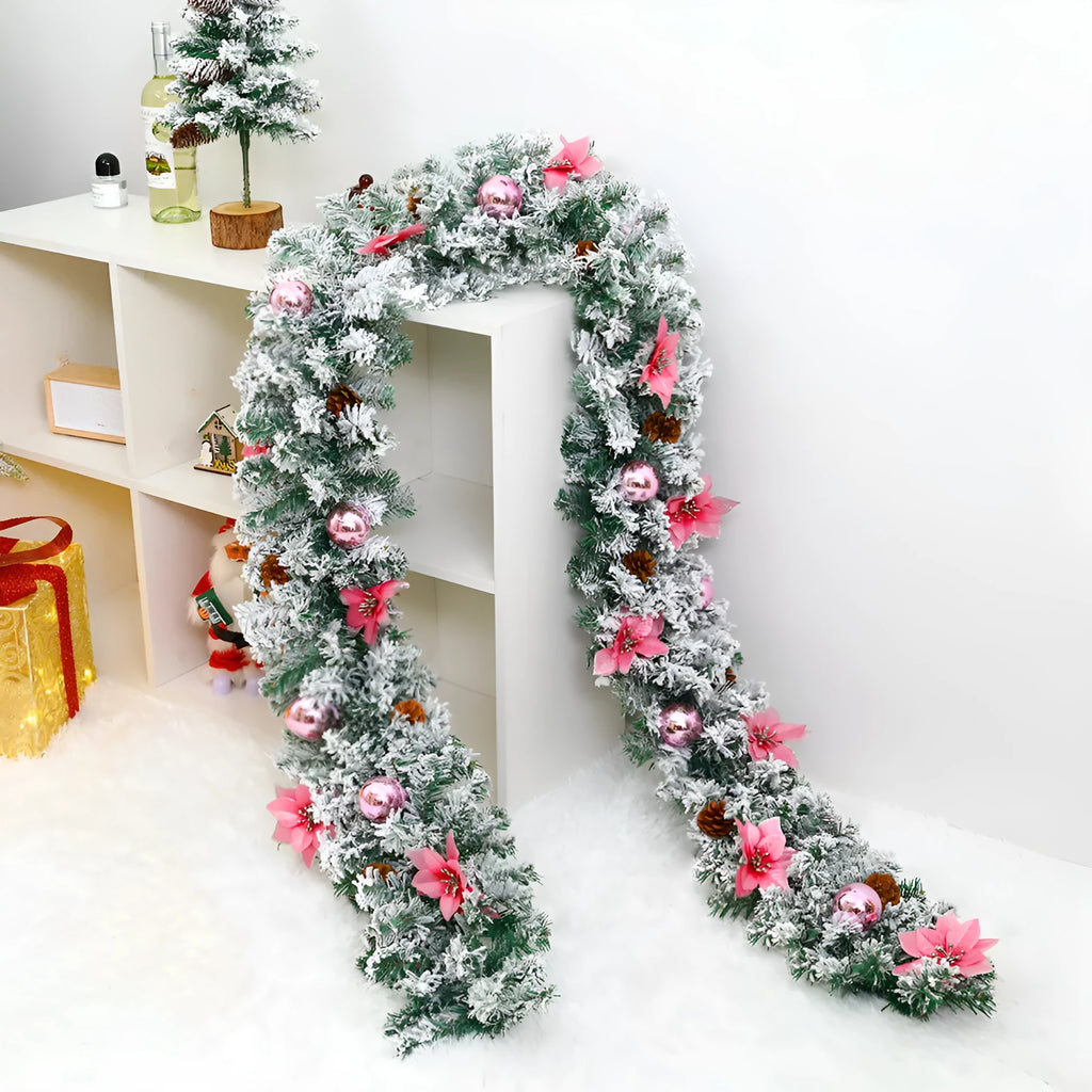 Christmas rattan garland with flocking texture in multiple colour options for festive decoration