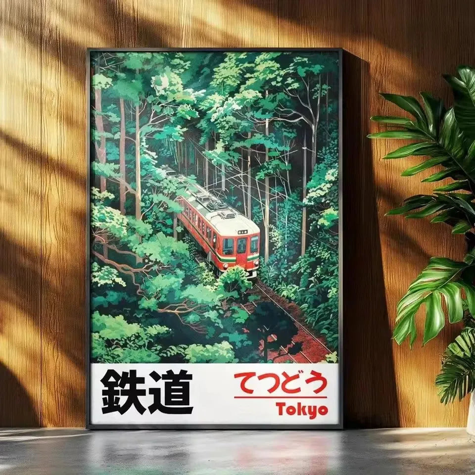 Retro Japanese railway landscape canvas print in Nordic style, unframed painting core