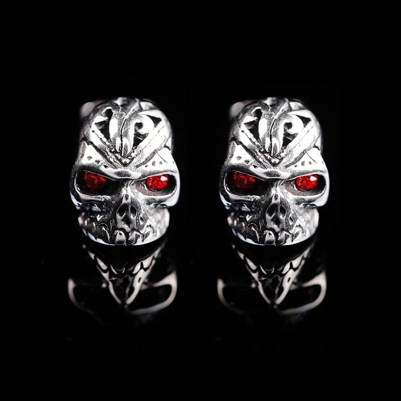 Retro red eye skull stud earrings with ghost head design and stone inlay