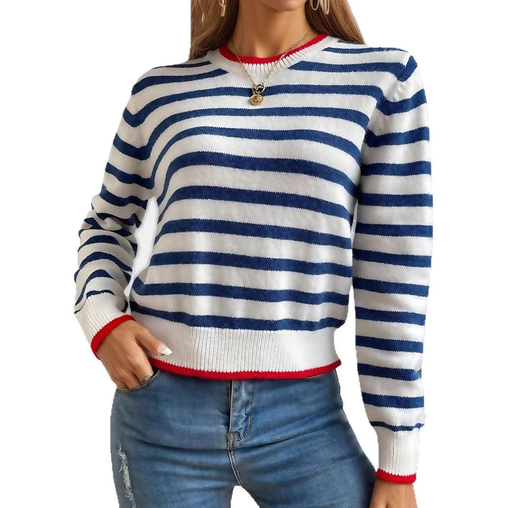 Sapphire Blue striped knitted pullover sweater with loose fit and round neckline