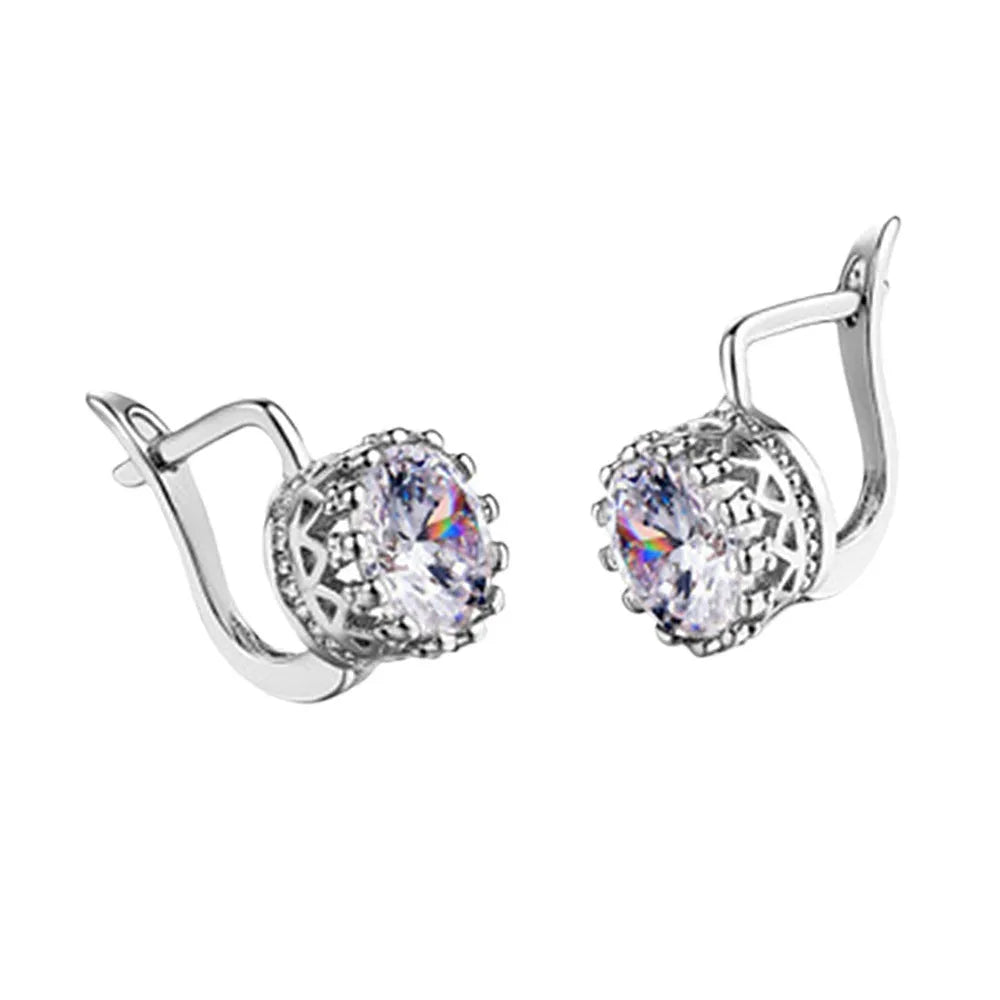 Korean retro crown ear clip earrings in rose gold or white gold colour with diamond-effect stones