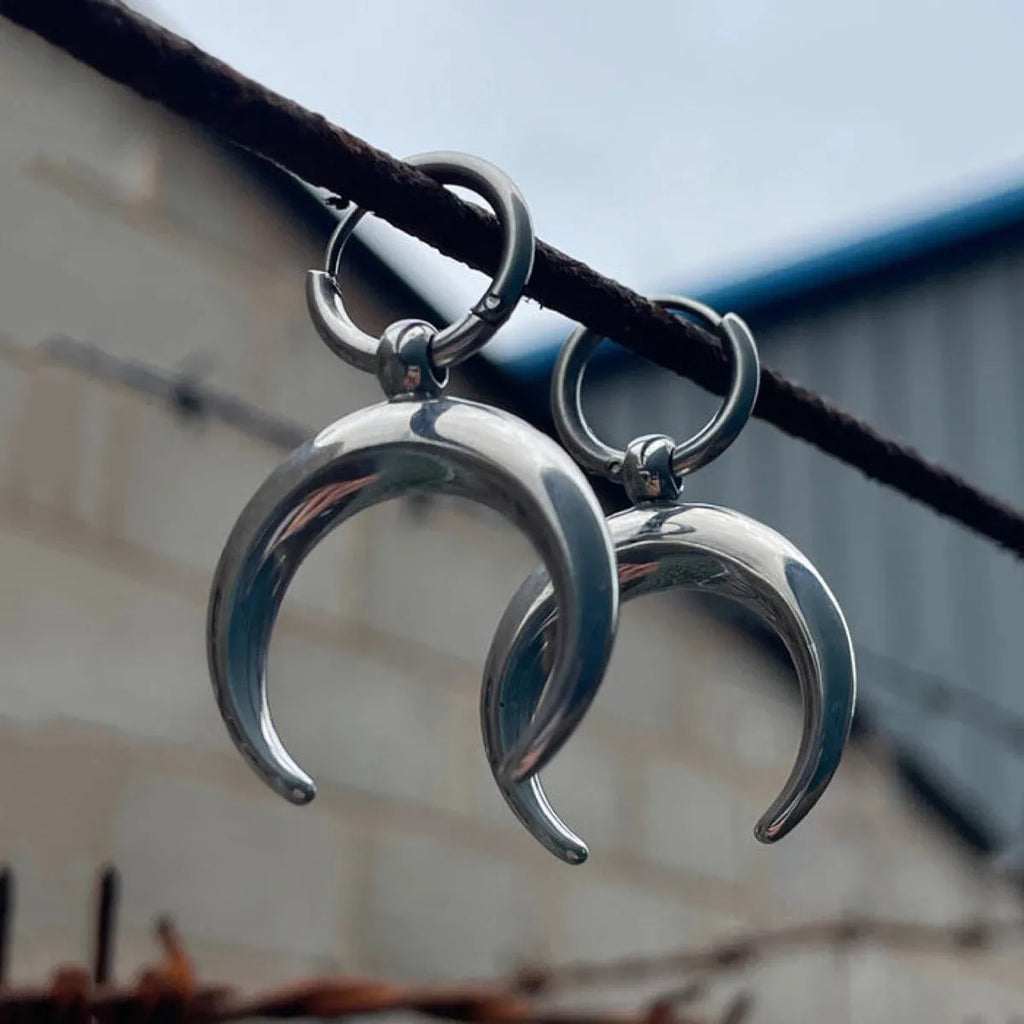 Silver gothic moon big hoop earrings with geometric shape and punk styling