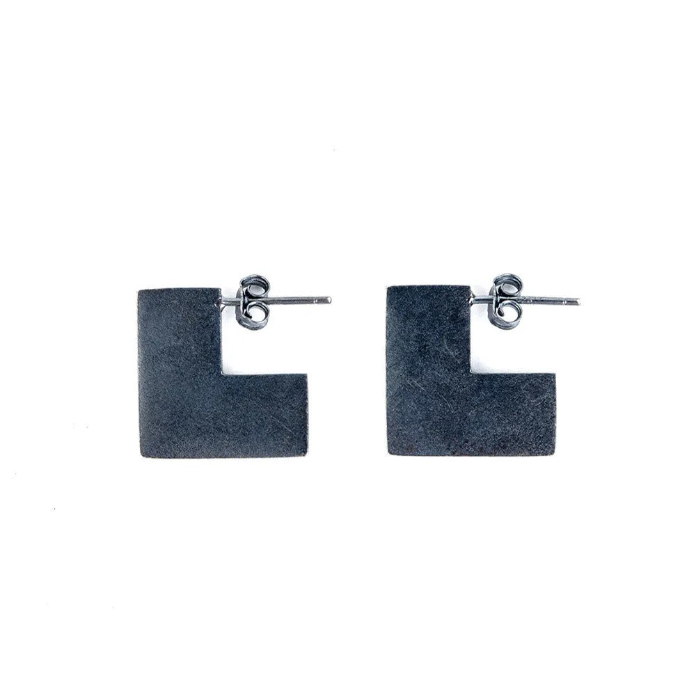 925 sterling silver geometric square earring ring with oxidised black finish