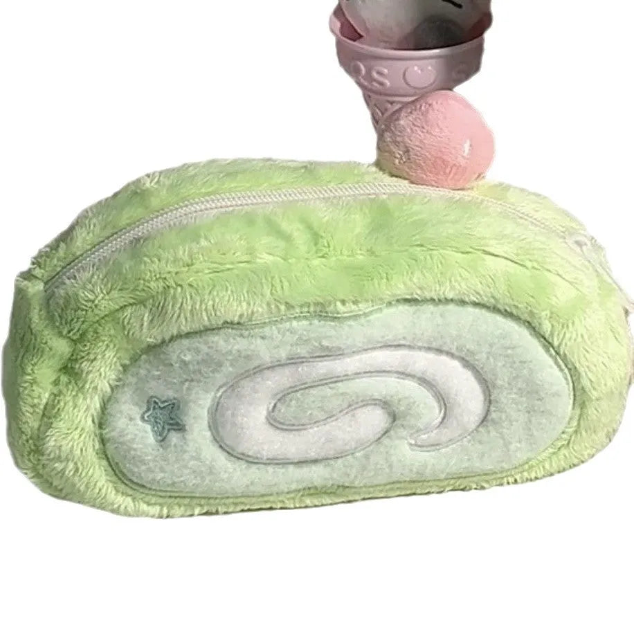 Honeydew Roll plush velvet Swiss roll cake design pencil case for stationery storage.