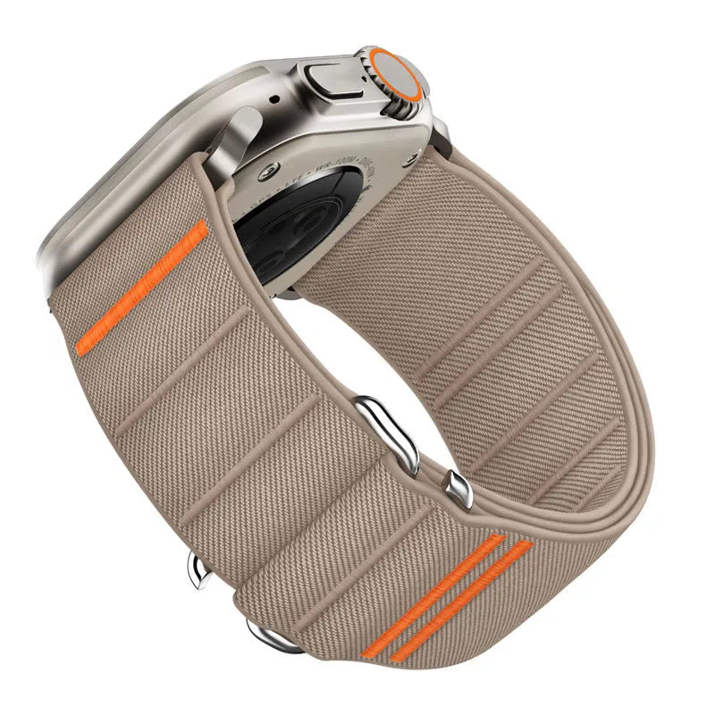 Elastic nylon Apple Watch replacement band with stainless steel buckle in Army Green colour