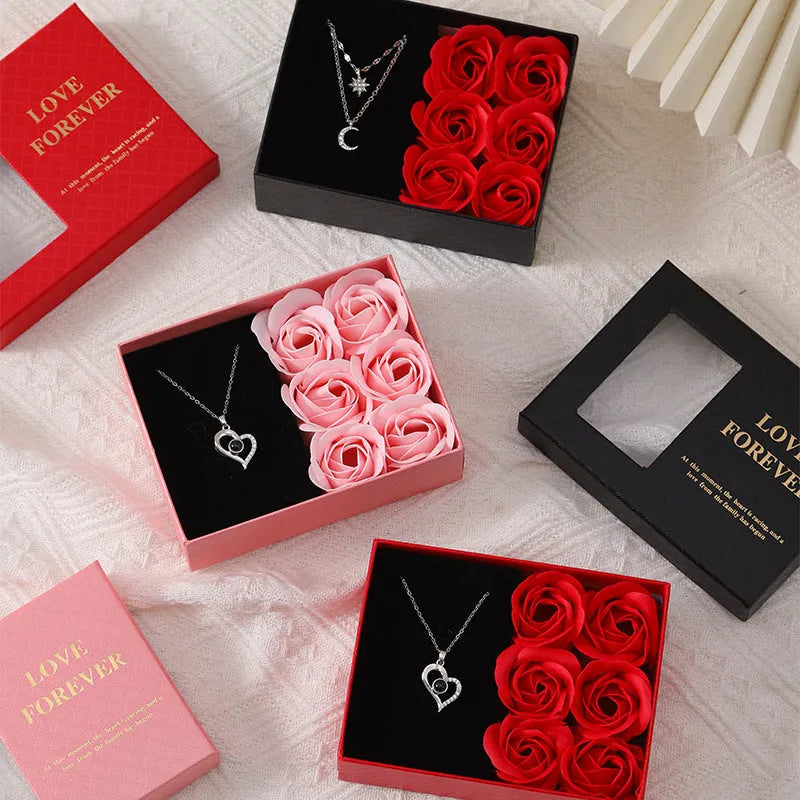 Korean style gift box with six red soap roses and a drawstring bag for Valentine's Day presents