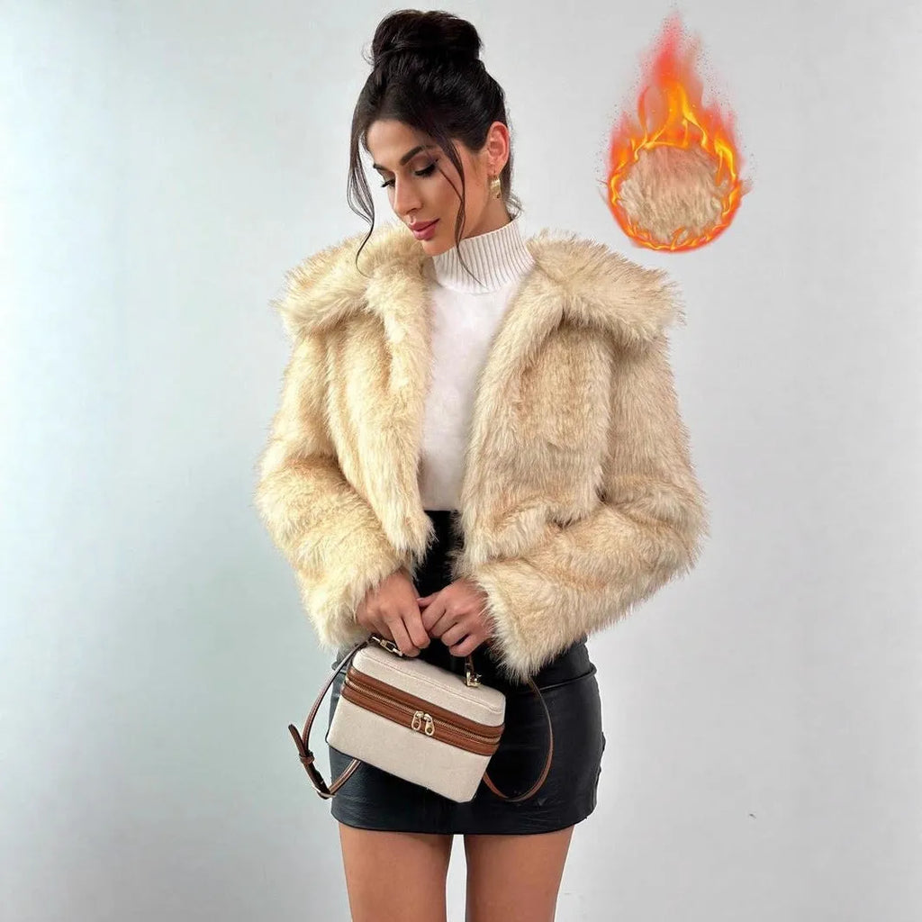 Artificial fox fur fashion coat with a fur collar and long sleeves in a short length.