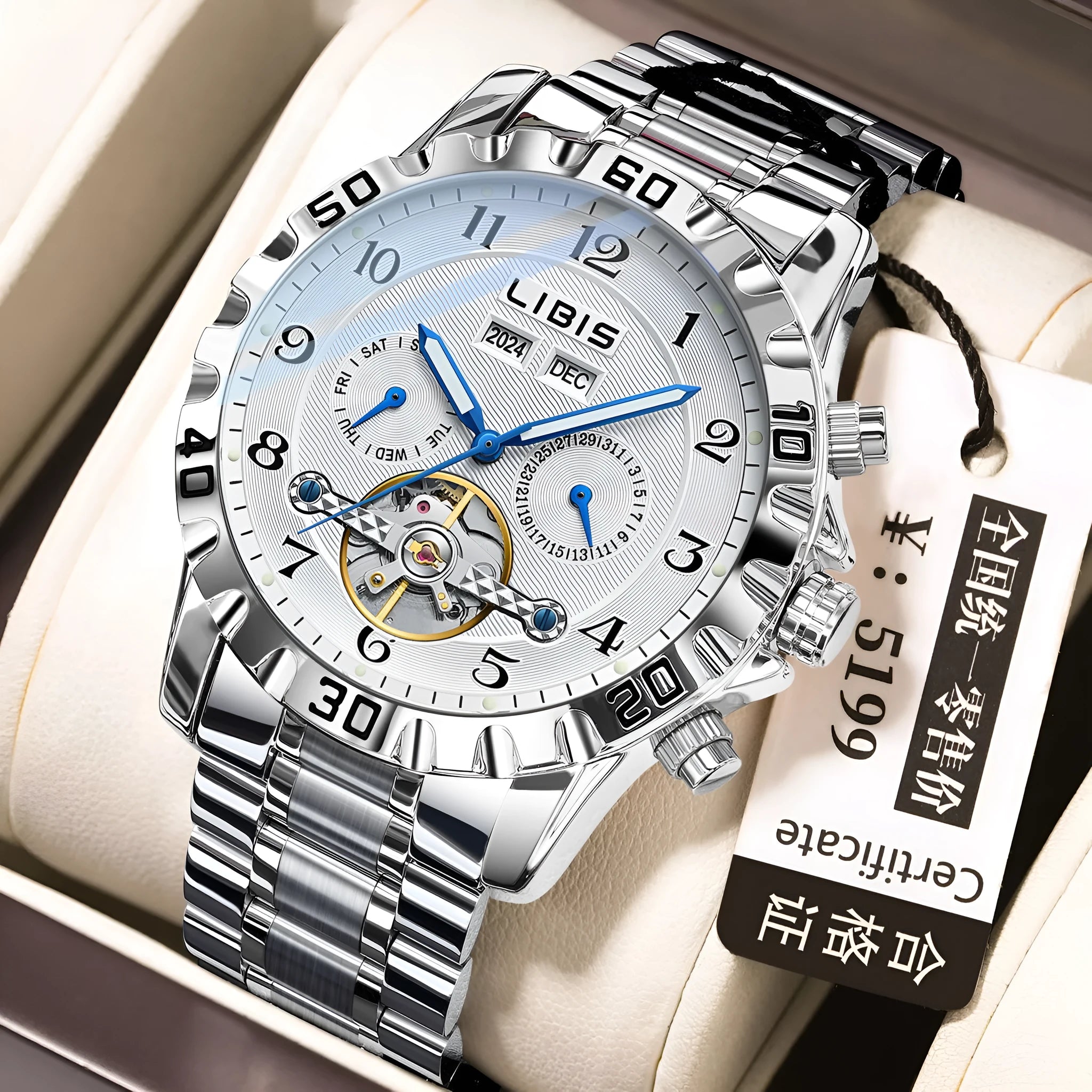 Men's silver automatic perpetual calendar watch with stainless steel bracelet and sapphire crystal glass.