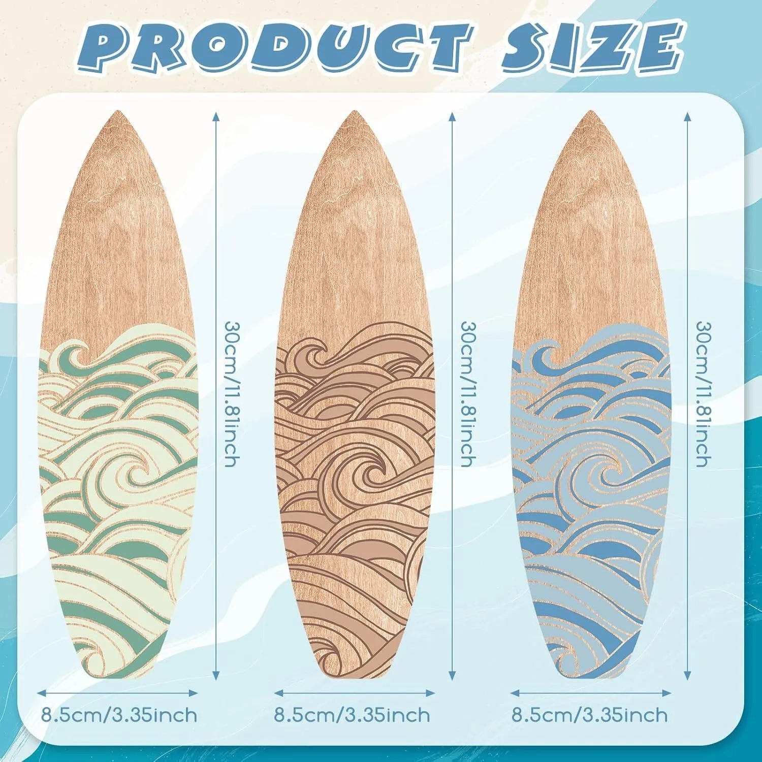 Three natural wooden surfboard wall decorations on a light wall