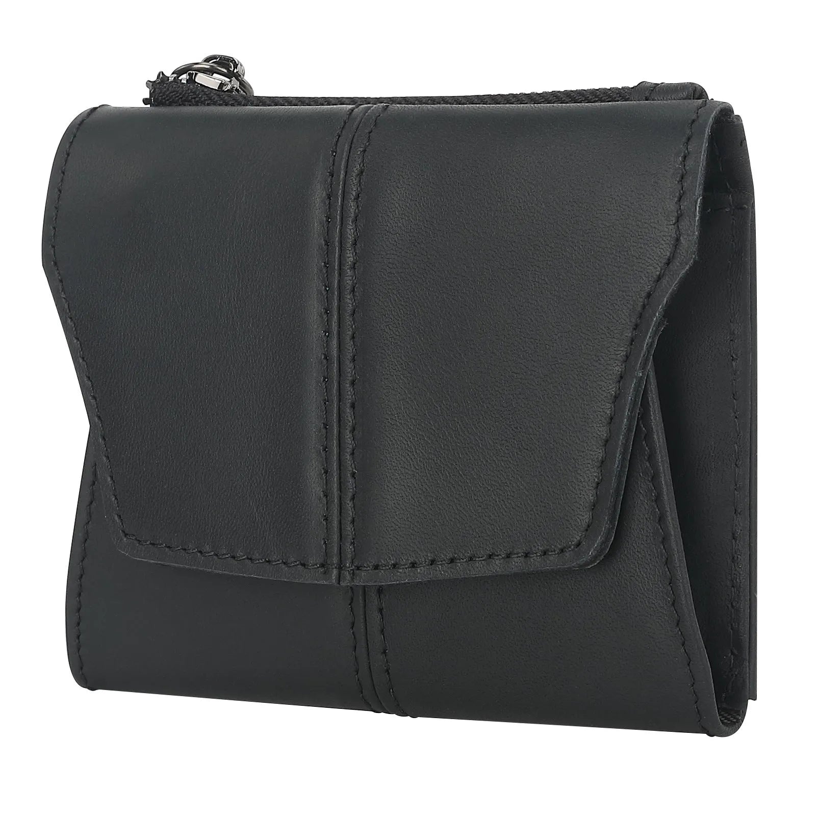 Genuine first layer cowhide coin purse in solid colour with stitching and lock, black variant