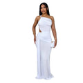 Women's one shoulder pleated dress in solid colour with long skirt and sleeveless design