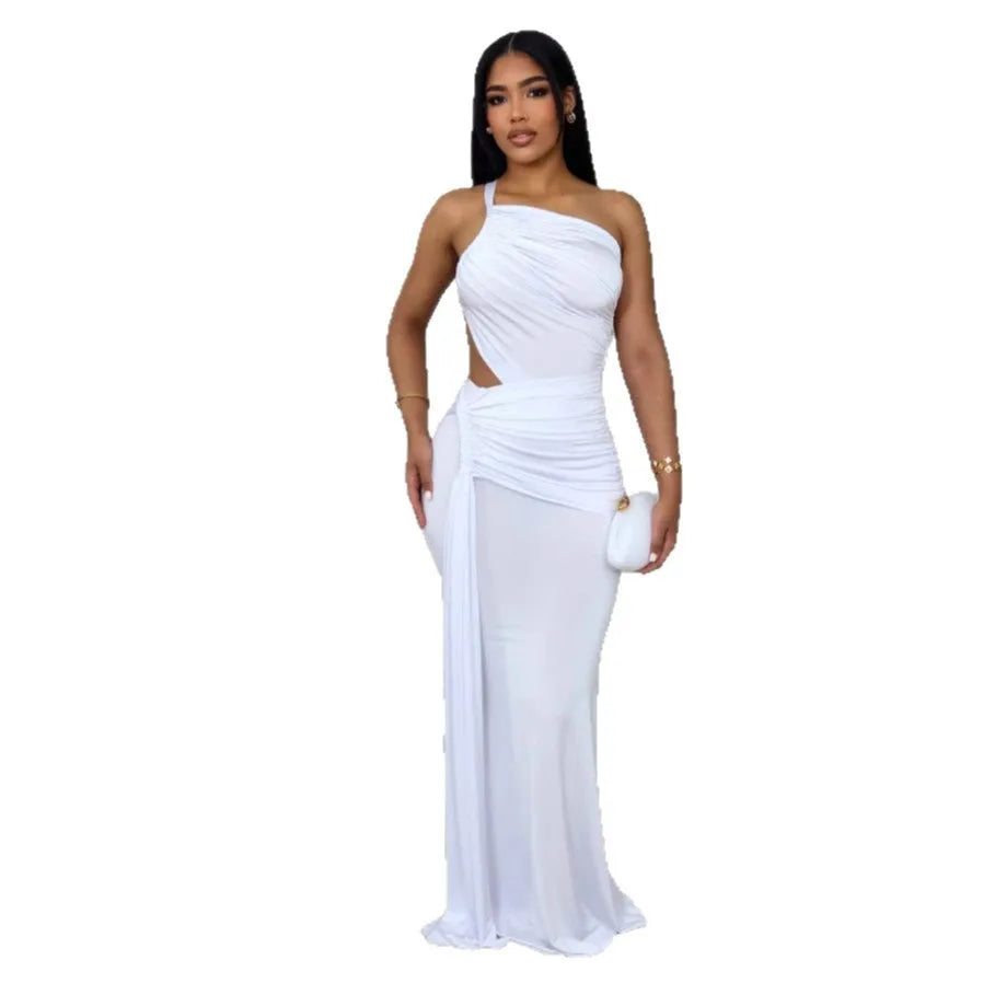 Women's one shoulder pleated dress in solid colour with long skirt and sleeveless design