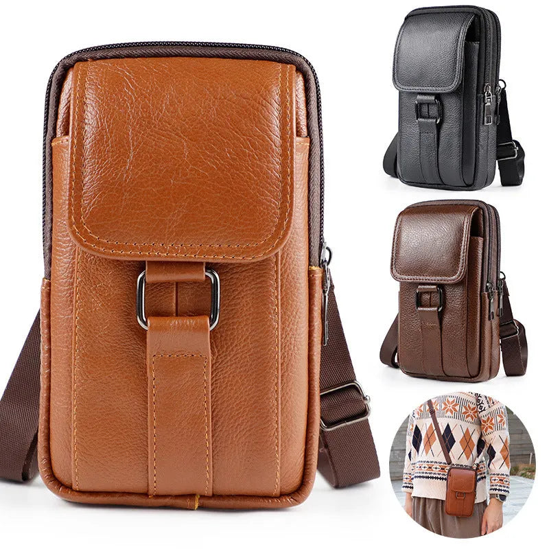 Men's black genuine leather square crossbody waist bag with a lock and coin pocket.