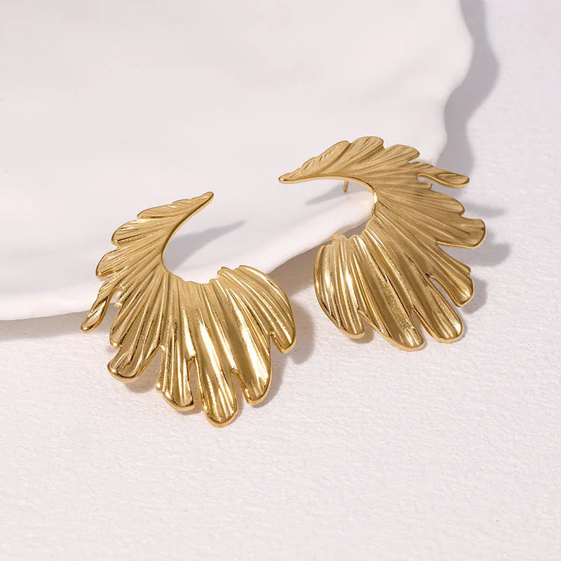 Stainless steel stud earrings with leaf design in gold and steel colour options