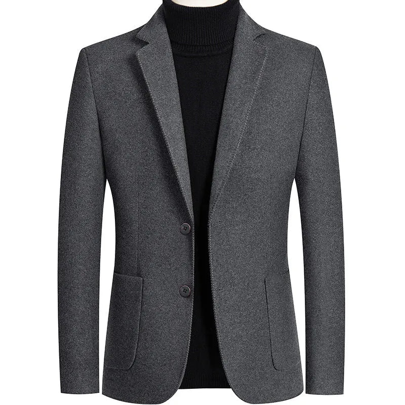 Men's slim-fit wool blend suit jacket in grey on a hanger