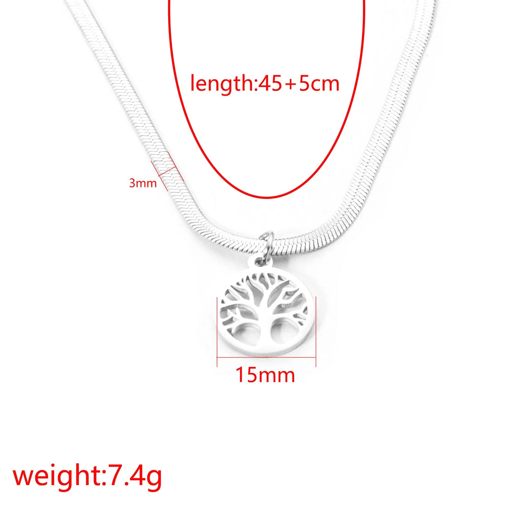 Stainless steel lucky tree necklace with snake bones chain, shown in gold and steel colour options.