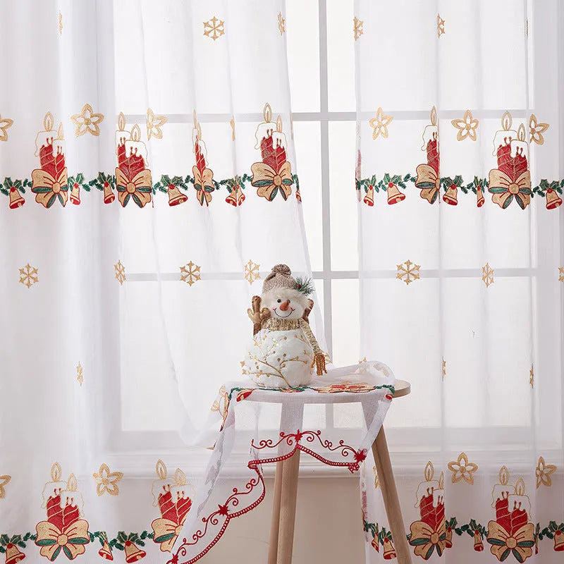 American Christmas curtain with embroidered snowflake design in semi-sunshade polyester fabric